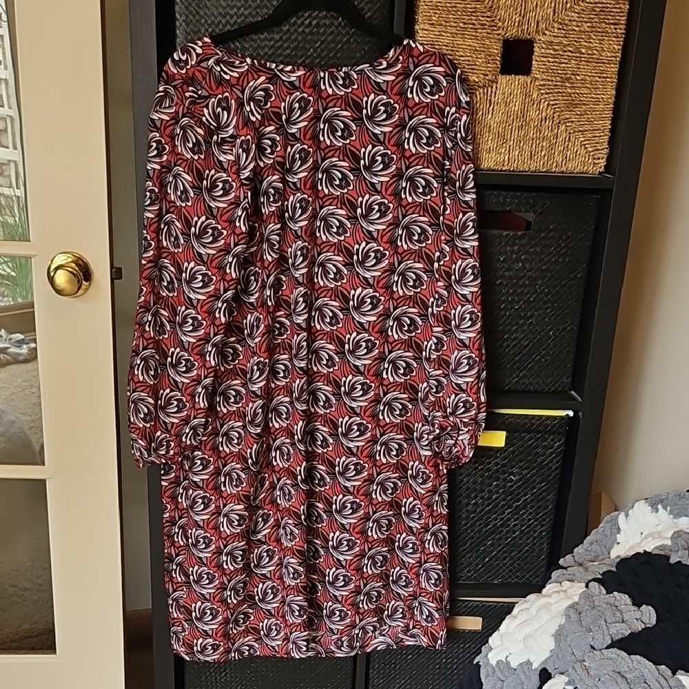 LOFT Red and Black Patterned Long Sleeve Dress